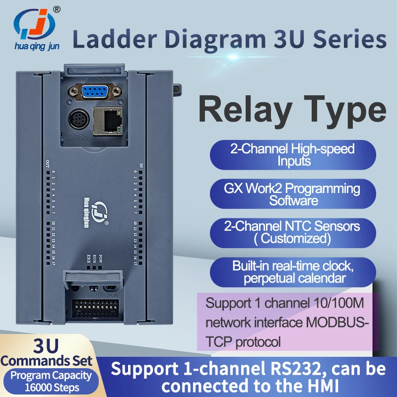 Huaqingjun 16DI 16DO Saída de relé PLC RS485 232 LAN Diagrama de escada 2AI 2AO 0-20mA Controlador PLC para automação industrial