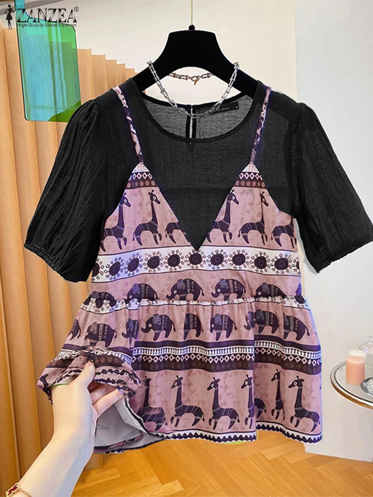 ZANZEA بلوزات مرقعة مطبوعة عتيقة للسيدات 2025 صيفي برقبة دائرية وأكمام قصيرة منتفخة Blusas Mujer ملابس خروج مكونة من قطعتين #3