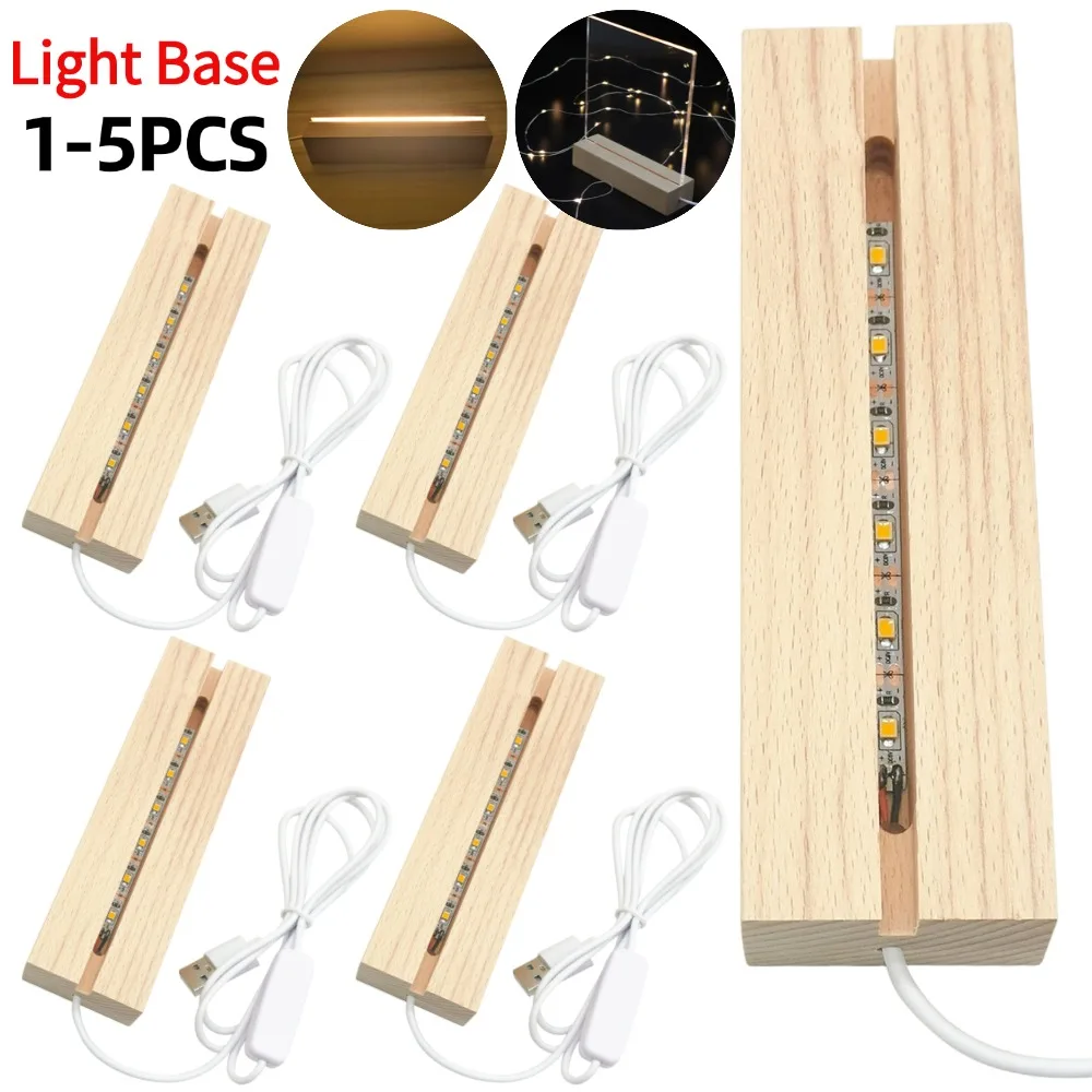 1-5pcs LED Wood Light Display Base Crystal Wooden Lighted Stand Acrylic Light Plate Base USB Charging for Resin Art Lights Decor