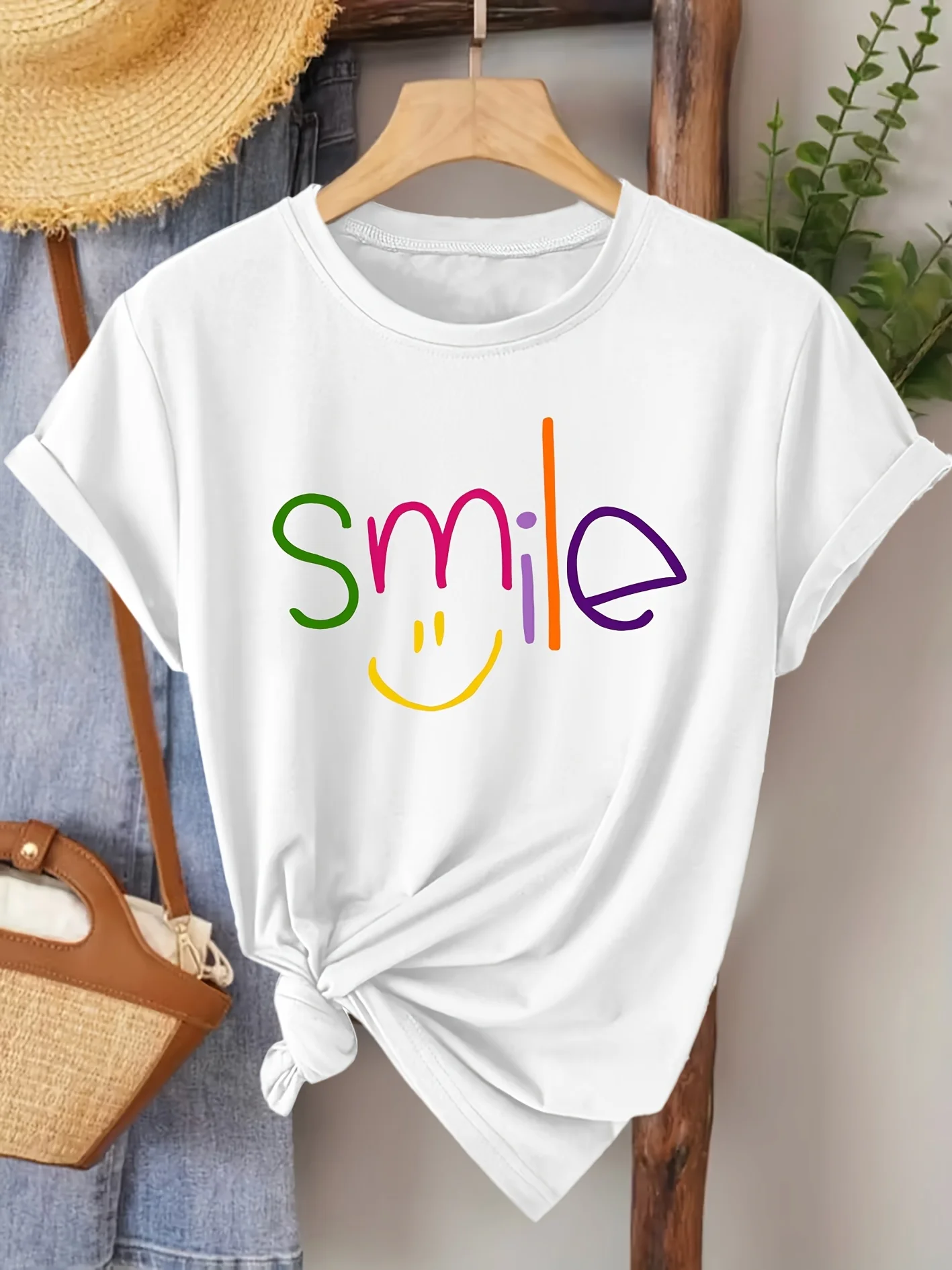 Colorful smiling Face Loose-Fitting Home Leisure Sports Round Neck Short-Sleeve Top