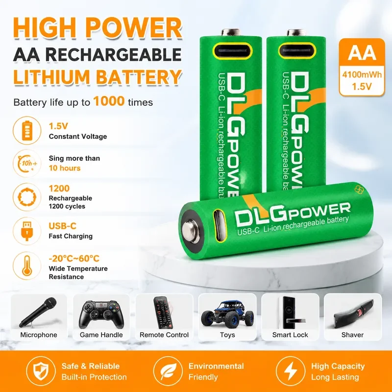 USB 1.5V 4100mWh Battery AA 4100mWh Lithium Rechargeable Battery DLGpower for Flashlight Microphone Electric Toy Mouse
