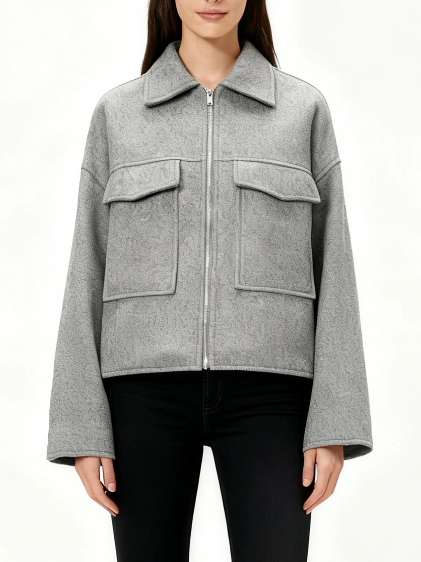 

2025 autumn and winter new European and American style fashionable versatile two-color large pocket zipper woolen jacket jacket