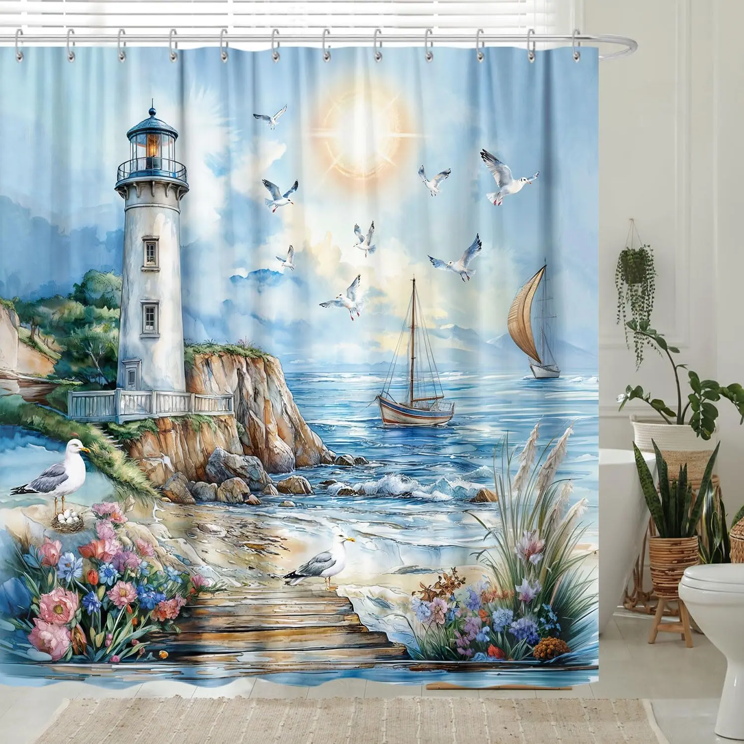 Coastal Nautical Lighthouse Shower Curtain, Boho Ocean Sailboat Seagull Seascape Blue Waterproof Bathroom Decor Curtain