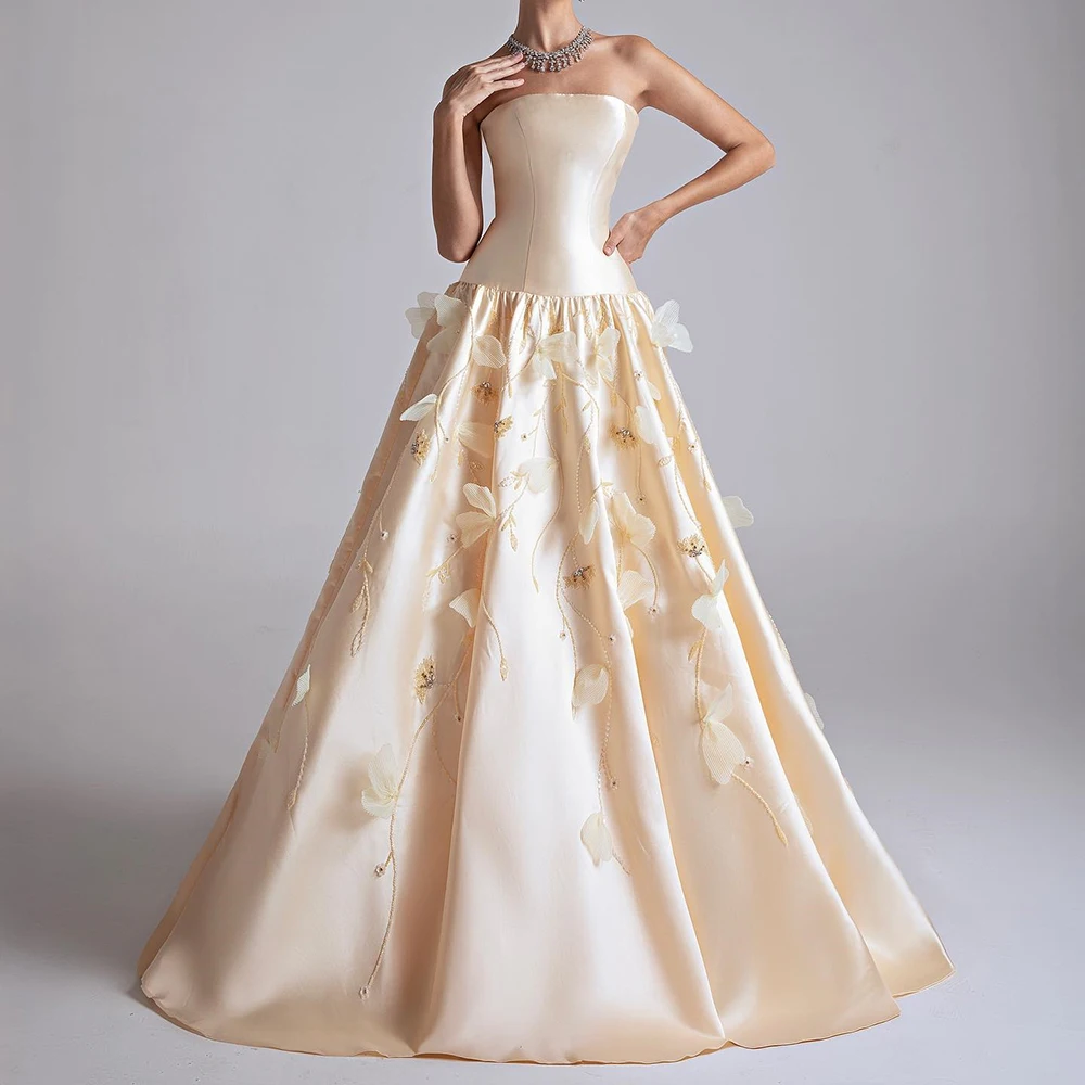 Vestidos de Noche acampanados personalizados, vestido de fiesta sin mangas hasta el suelo, sin tirantes, flores de moda, vestido de fiesta drapeado sencillo sin espalda