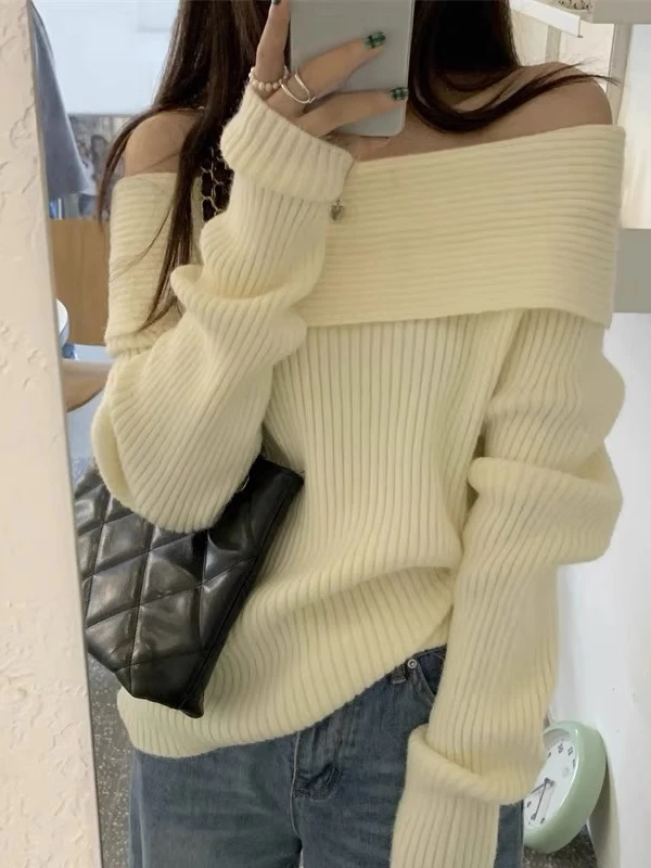 Harajuku Slash Neck Solid Sweaters Grunge Vintage Women Bottoming Pullovers Off Shoulder Y2k Aesthetic Casual Knitted Jumper