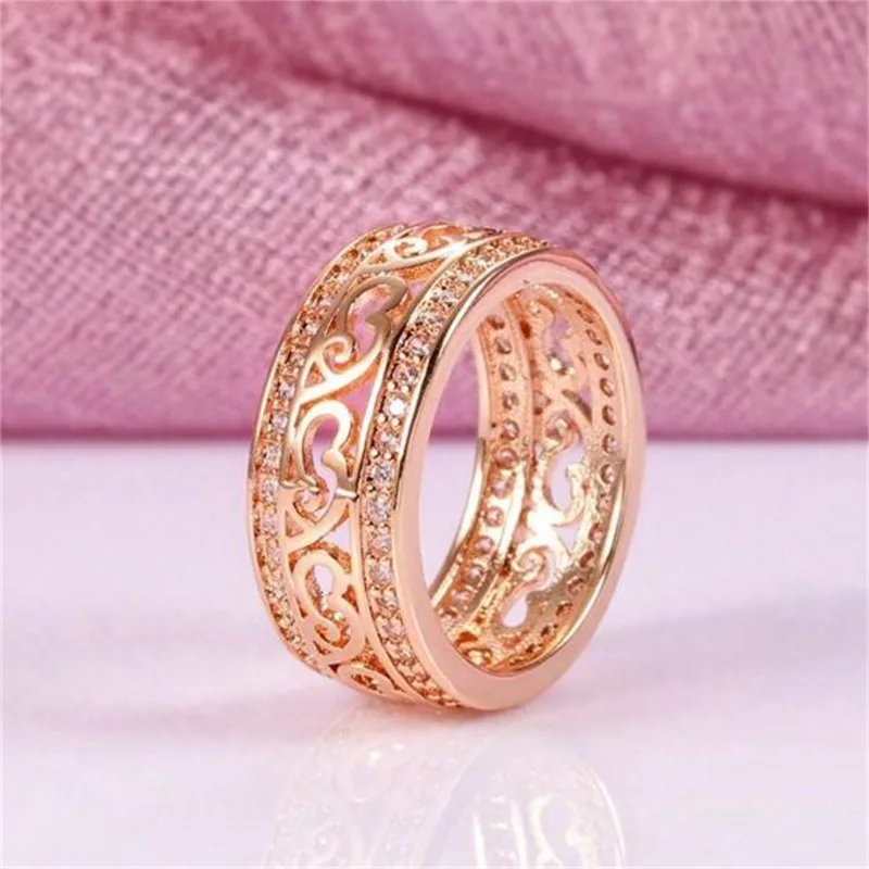 New Natural Zircon Ring for Women Double-row Micro-wax Inlay  Hollow Rose Gold Casual and Trendy Daily Wedding Party Wear