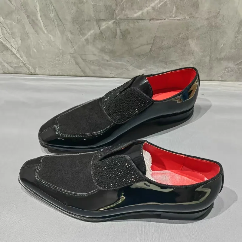 

SHOOEGLE Handmade High Quality Men Crystal Diamond Black Patent Leather Loafers British Square Toe Wedding Party Office Shoes