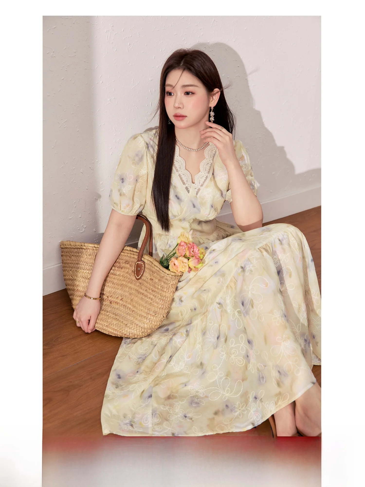 

Синяя летняя длинная юбка больших размеров для женщин, с V-образным вырезом, кружевной отделкой, приталенная, дышащая, красивая, новая, стройнящая фигуру