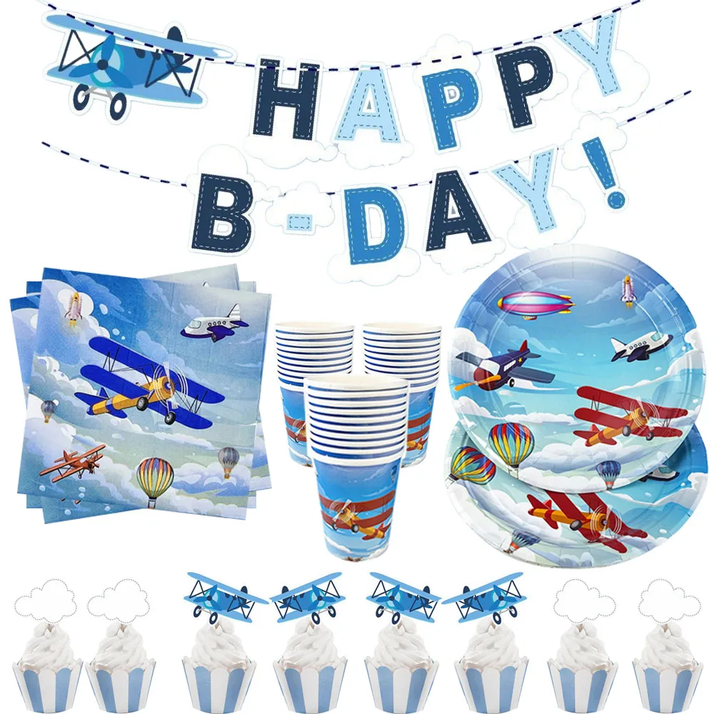 Flugzeug Geburtstag Party Dekorationen Geschirr Teller Tasse Serviette Banner Cupcake Topper für Kinder Flugzeit Baby Dusche Liefert – Detail 1