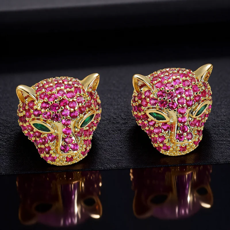 Domineering Leopard Head Stud Earrings For Women Men Gold Silver Color Rose Red White Zircon Hiphop Bar Big Ear Studs Jewelry CZ