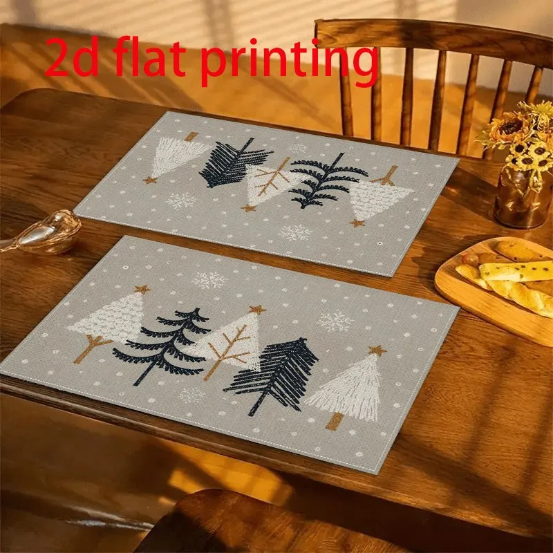VIKAMA Christmas Linen Placemat, Minimalist Line Art Christmas Trees Gray, Washable Durable Easy Clean, Everyday Dining