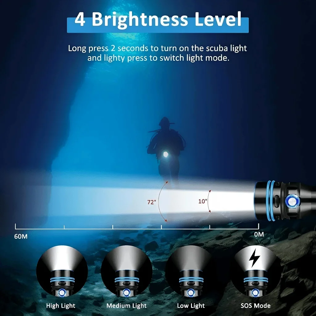 Scuba Diving LED Flashlight 3000Lumen Super Bright SFT40 Waterproof Torch with 4 Mode For Night Diving Snorkeling LED Dive Light