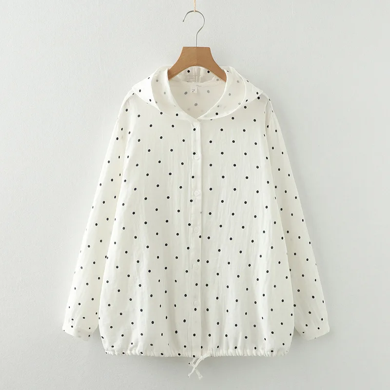 

2025 Retro polka dot print white hooded shirts and blouses women's hoodie Japanese style long sleeve tops outwear cardigan