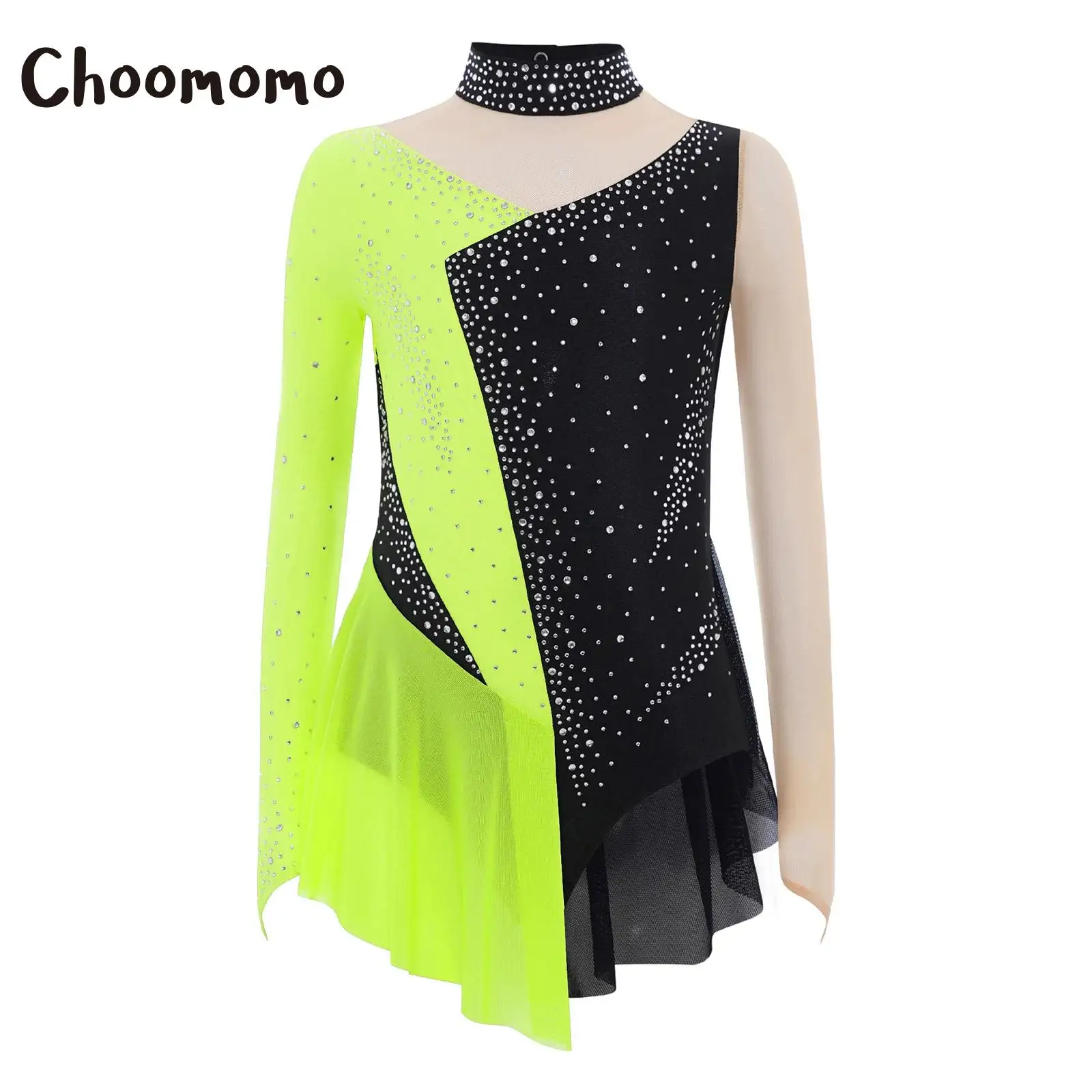 

Kids Girls Rhythmic Gymnastics Leotard Ballet Jersey Rhinestones Sheer Mesh Long Sleeve Bodysuit Figure Skating Dance Costume