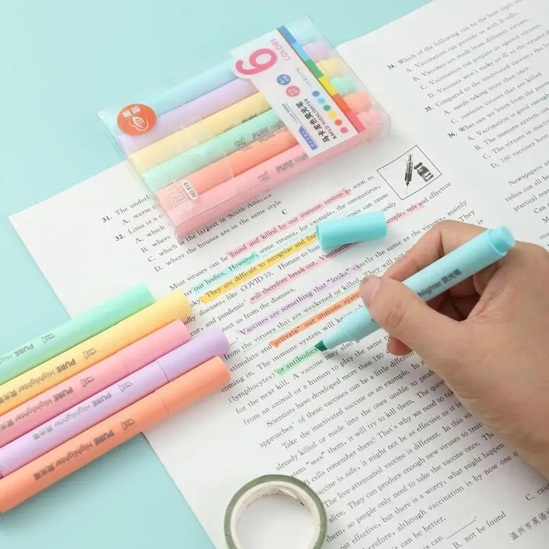 Highlighter lucu 6 buah spidol estetika warna-warni dengan pegangan lembut serbaguna Highlighter midliner untuk kepraktisan rumah anak-anak