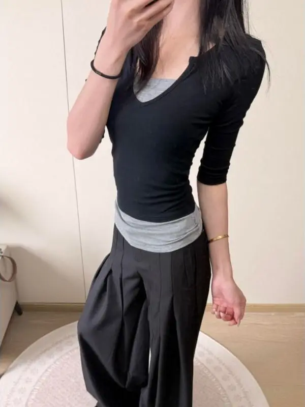 Color Block Fake Two-Piece Shoulder Length Five-Sleeve Women's T-Shirt Slim Fit Short Style Pure Color Spring Autumn Top