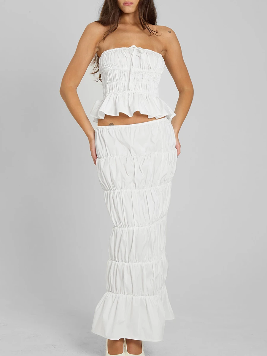 

Женский комплект макси-юбки Y2K из 2 предметов, укороченный топ без бретелек, сетчатые юбки с рюшами и рюшами, наряд с кружевной отделкой, пляжная одежда