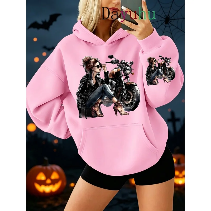 Oversized Streetwear Pullover Hoodie Halloween Cool Girl Motorcycle Print Autumn Winter Daily Wear