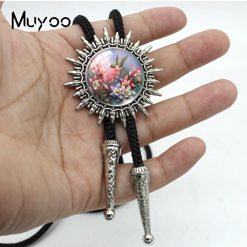 BOLO-00175 New Hummingbird and Flowers Paintings Handcraft Glass Dome Bolo Tie Necktie Pendant Jewelry