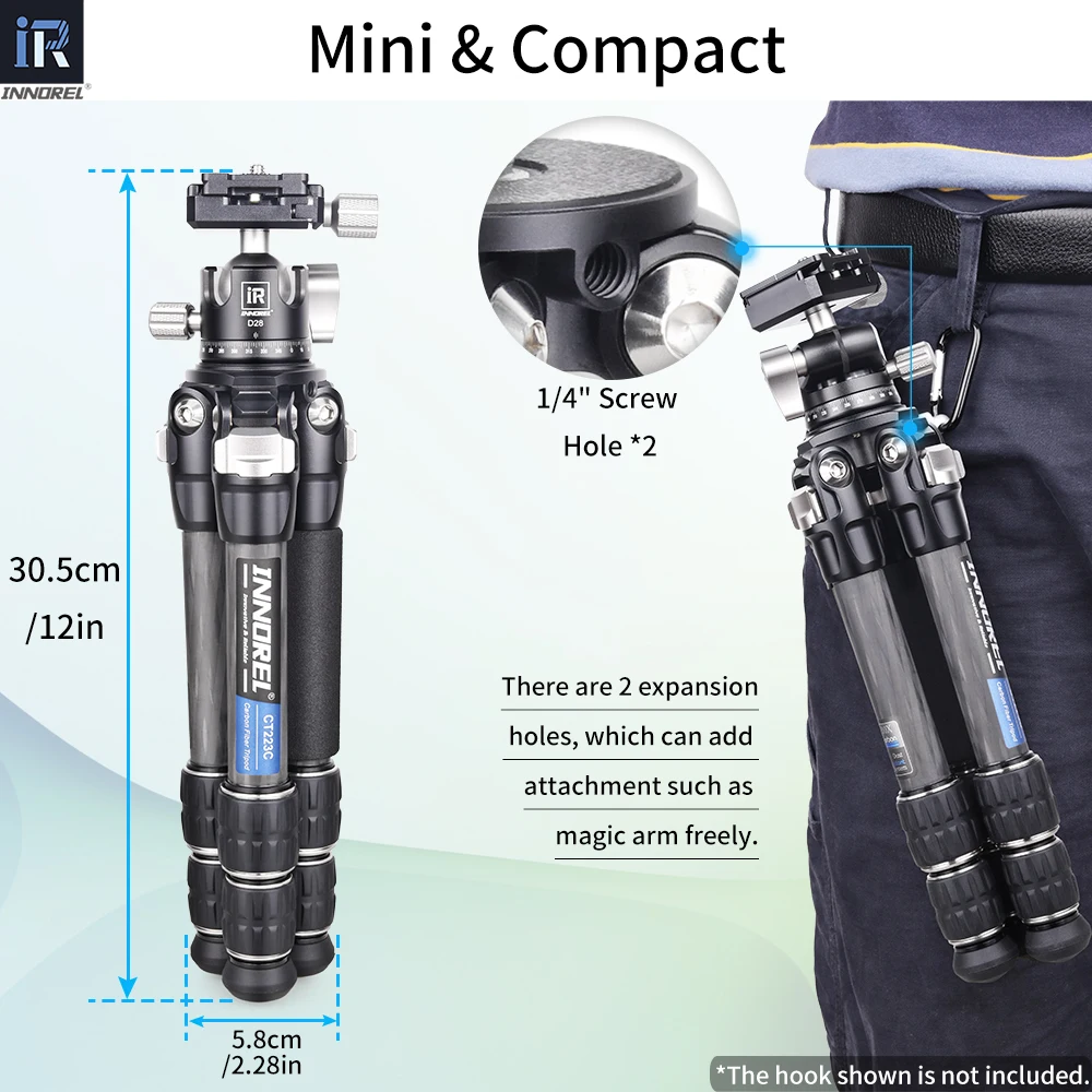 Innorel carga 10kg ct223c mini tripé de mesa tripé de mesa compacto de fibra de carbono de 10 camadas para dslr digital, vídeo dv, telefone celular