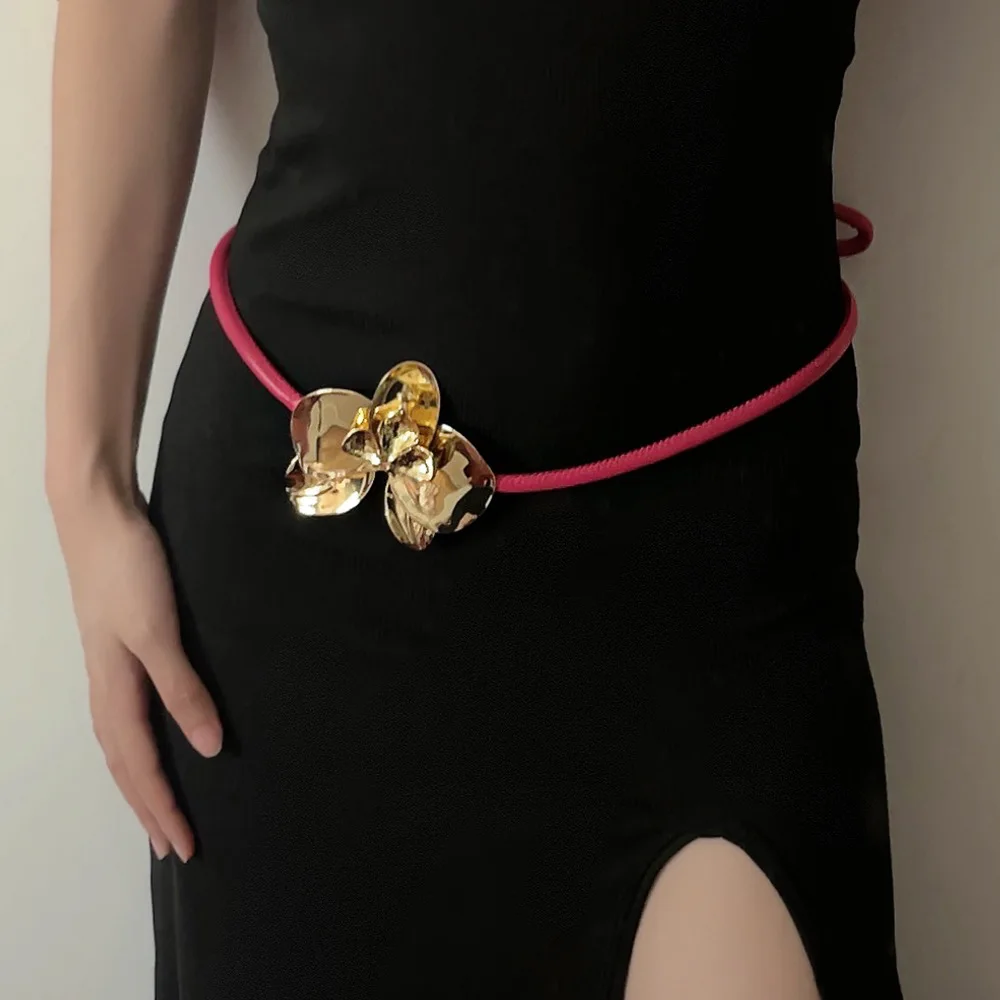 Retro High-end Golden Tulip Flower Leather Rope Belt Waist Chain for Women