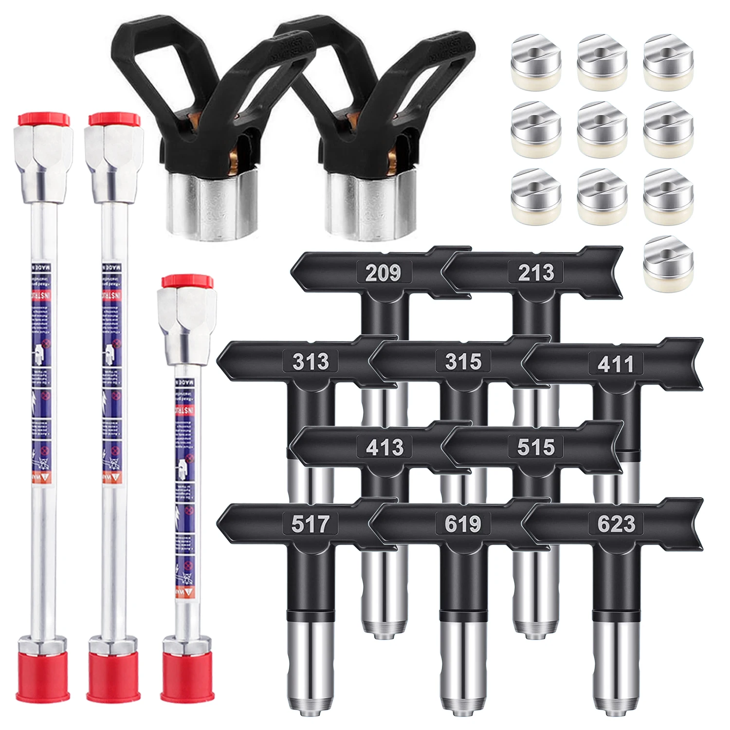 15-Piece Airless Paint Spray Gun Set - 10 Sets of Reversible Nozzles and Nozzle Gaskets + 3 Extension Rods + 2 Duckbill Nozzles, Suitable for Airless Spray Paint Machines, Accessories for Spraying Paint, Latex Paint, and Coatings