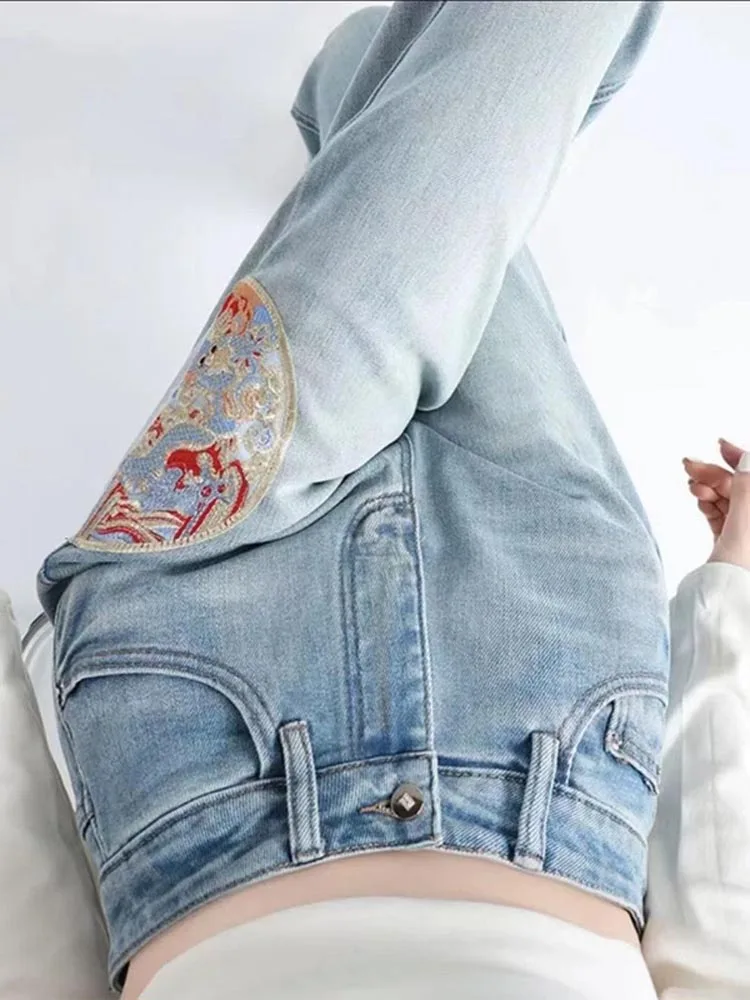 

Новые китайские широкие брюки с вышивкой и высокой талией, утягивающие джинсы длиной до пола, весна-лето, модные универсальные джинсовые джинсы