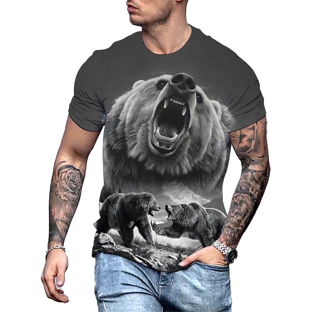 Big Bear 3D Print Summer Men\'s Round Neck T-shirt Casual Short Sleeve Oversized Pullover Fashion Streetwear Trend Men Clothing