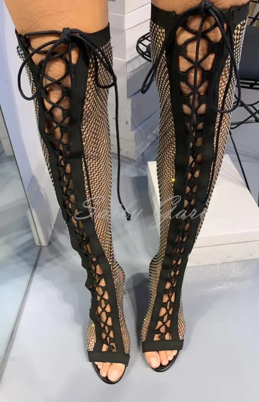 

Sexy Pointed Peep Toe Stiletto Black Fishnet Crystal Rhinestone Air Mesh Cuts Out Gladiator Heels Lace Up Over The Knee Boots