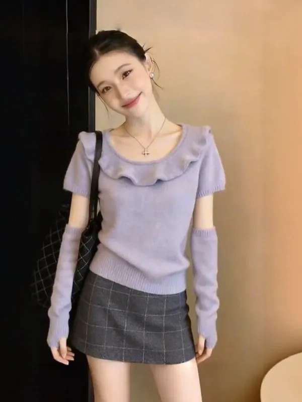 

Уникальный красивый фиолетовый топ с кружевной отделкой, женский модный вязаный свитер на весну-лето с рукавами-накидками, повседневный стиль