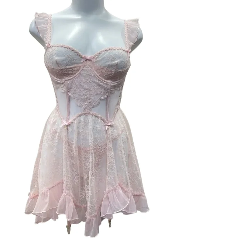 

Women's Lounge Wear Small Breasts Show Big Suspenders Nightgown Female See Through Lace Mesh Hem Tutu Dress Lolita Uniform