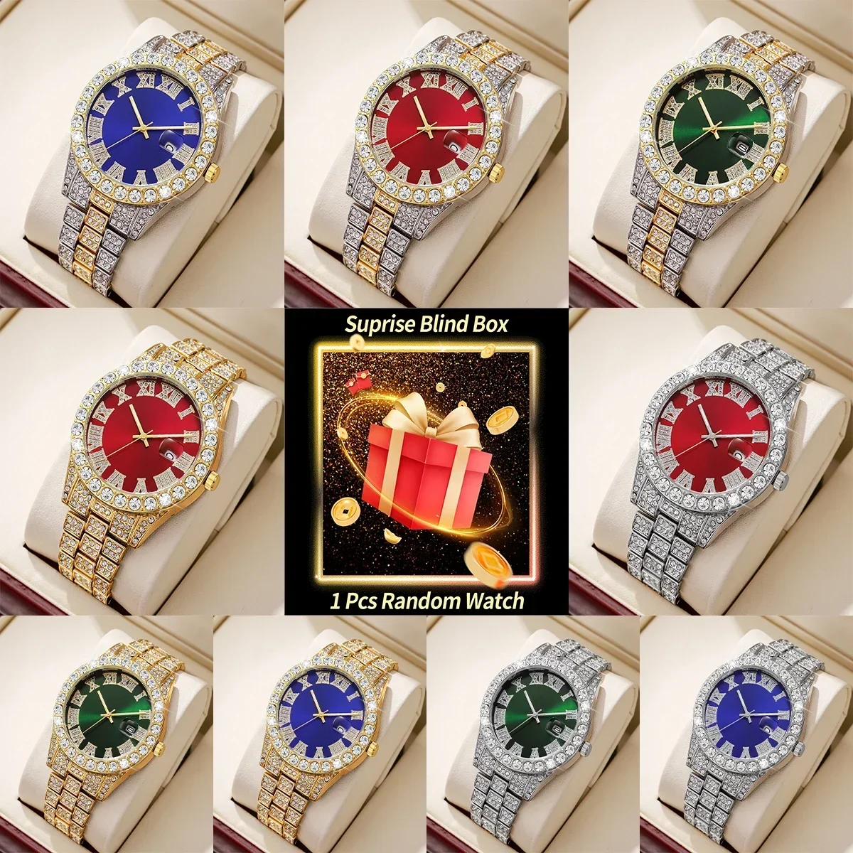 Mystery Blind Box Men Watch Random Iced Out Diamond Quartz Wristwatch Roman Numeral Dial Stainless Steel Band Luxury Male Watch