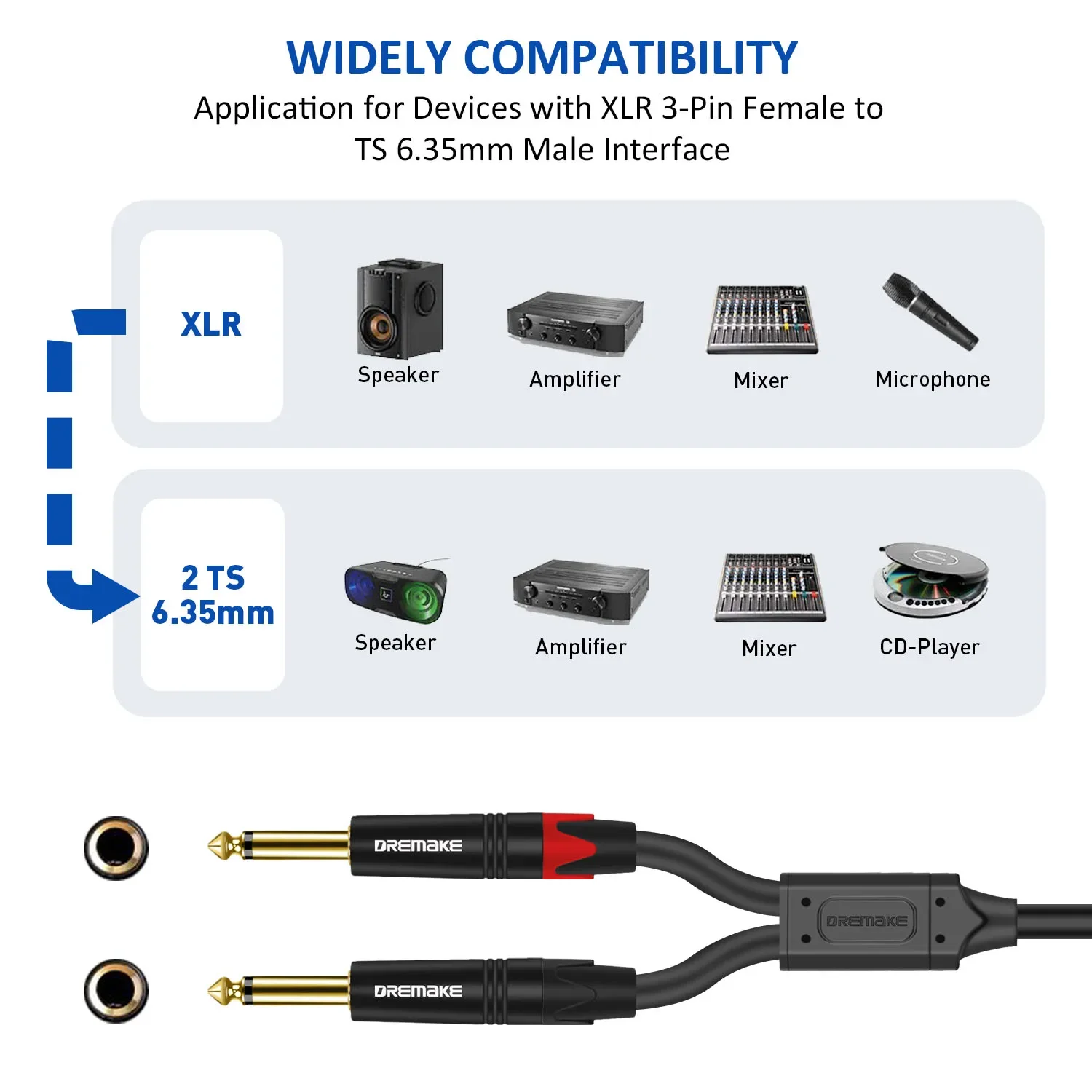 DREMAKE Dual 6.35มม.1/4แจ็ค XLR สายไมโครโฟน2 Mono 6.35มม.ชายหญิง XLR Y splitter Patch สายไฟ XLR ถึง Dual 1/4 Mono