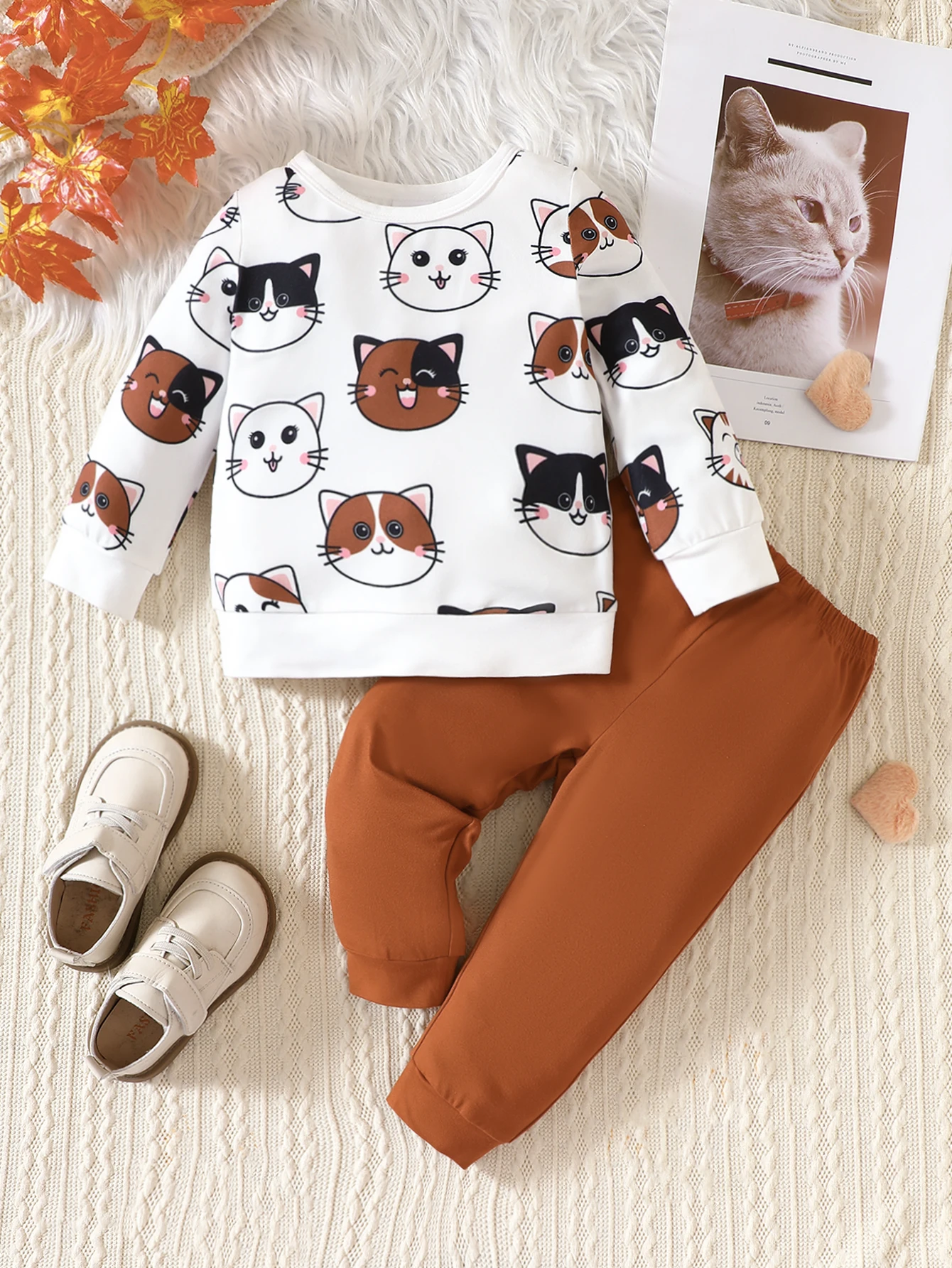 Spring And Autumn Girls And Boys Set Round Neck Long Sleeve Kitten Pattern Top Solid Color Pants Fashion Warm Infant Toddler