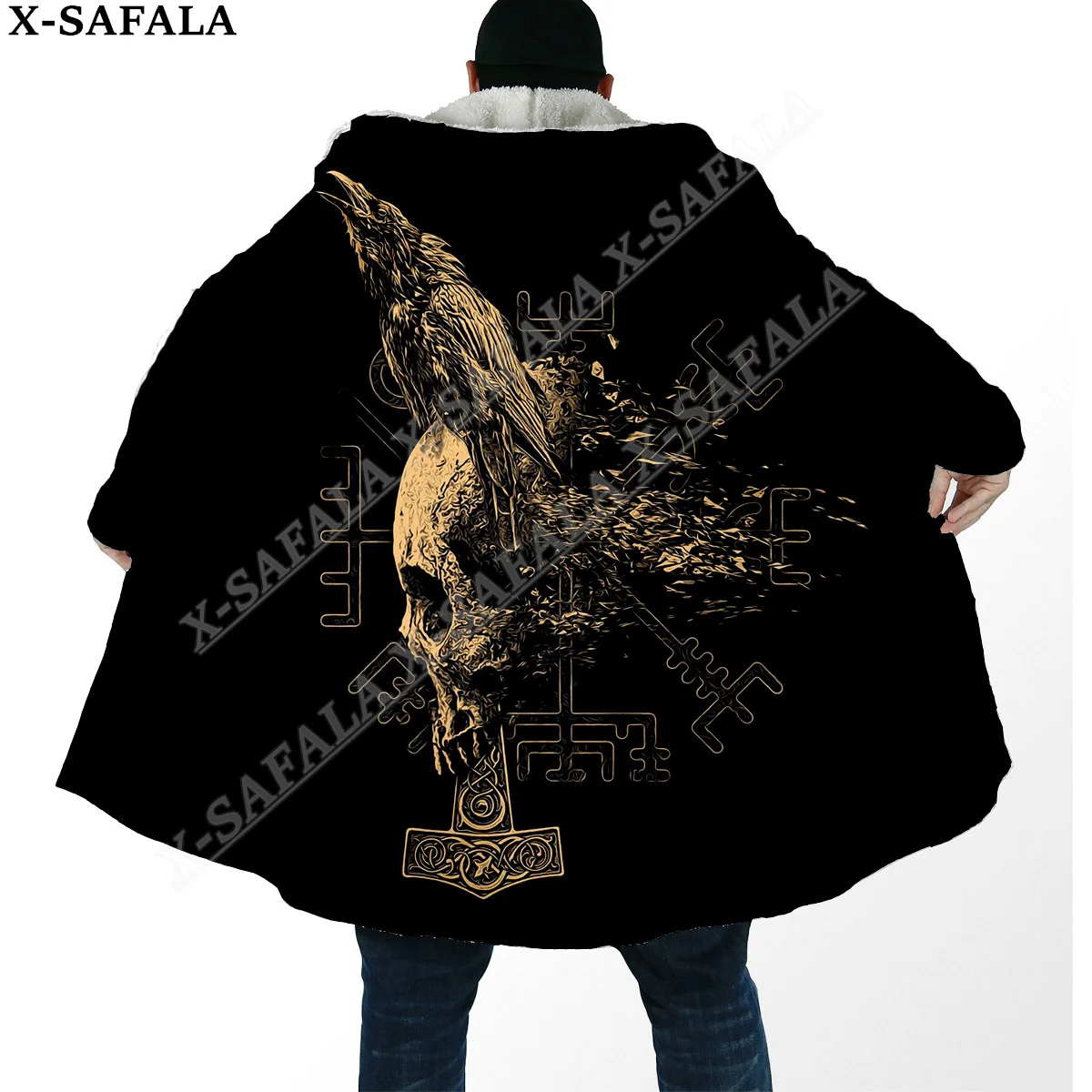 Symbol Viking Tattoo Raven Odin Overcoat Coat 3D Print Thick Warm Hooded Cloak  Men Windproof Fleece Unisex Casual-16