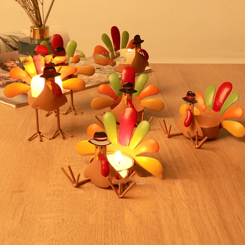 Metal Colored Turkey Tea Lamp Candlestick, Thanksgiving Candle Holder, Home Dining Table Decoration Candlestick