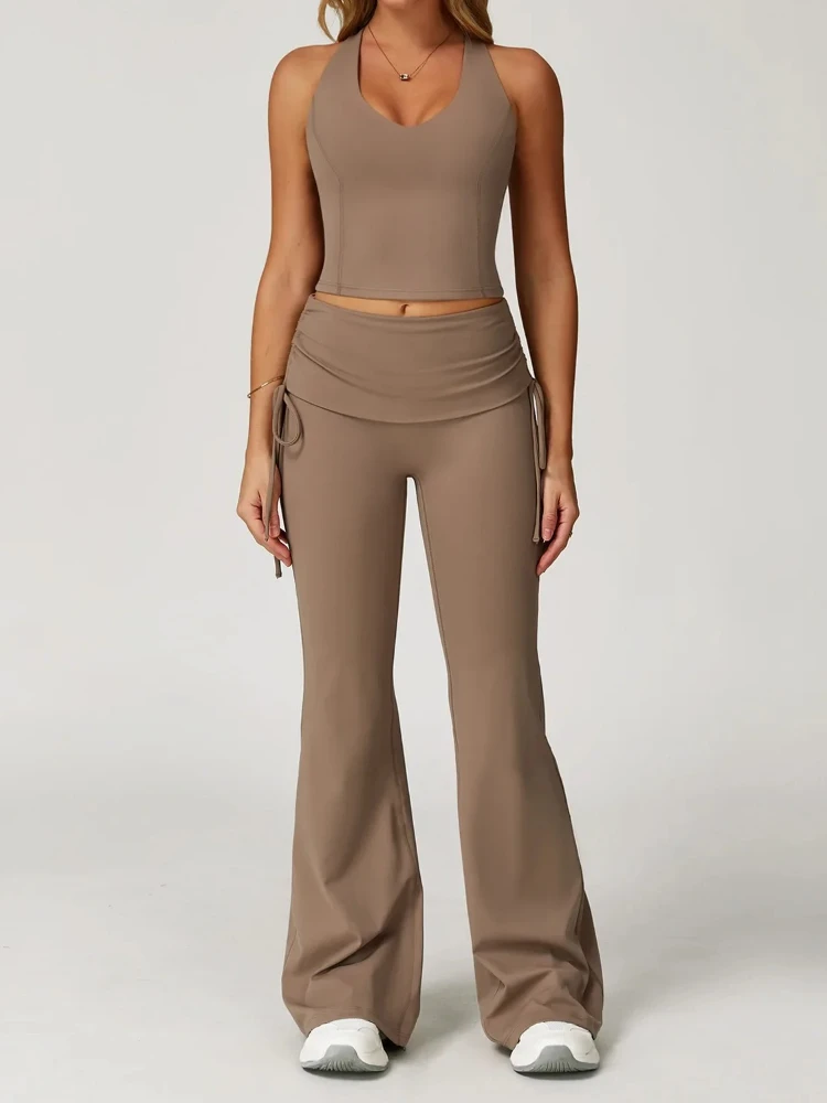 Women Yoga Set Sexy I-shaped Back Sports Vest High Waist Wide Flare Pants Gym Workout Clothes Fitness Suit Tracksuit Active Wear