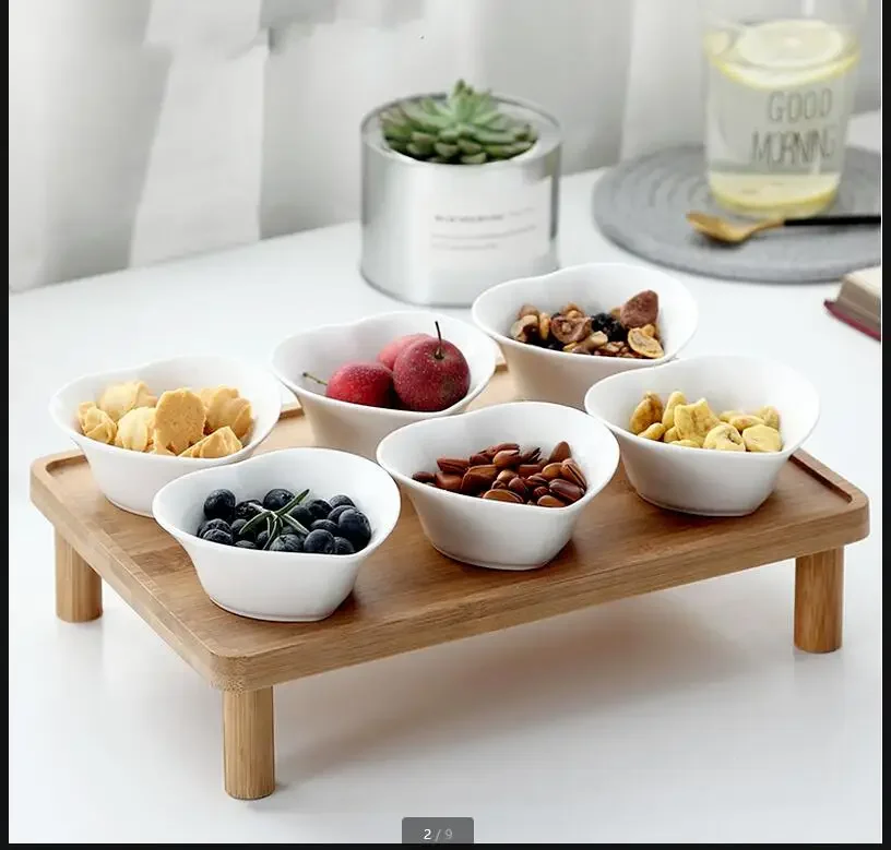 White Ceramic Plate Snacks Platter Fruit Tray Dried Fruit Snack Bowl 6-piece Set Wooden Pallets Dessert Plate Seasoning Dish