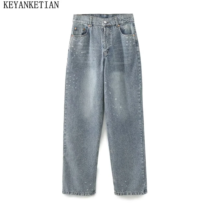 

KEYANKETIAN 2025 Spring New Women's Zipper Mid-waist Jeans Unisex style Scratched Decoration Loose Denim Straight Leg Pants
