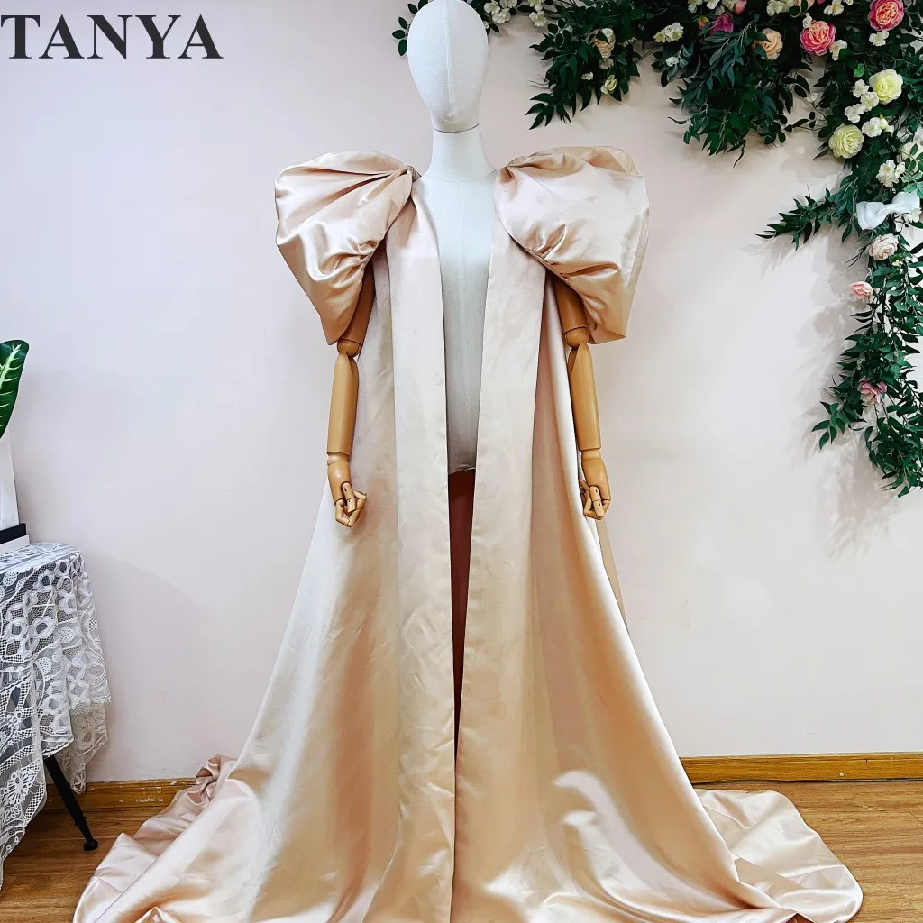 Champagne Satin Long Wedding Cape Puffy Shoulder Floor Length Evening Cape Long Jacket A Line Outfit Coat For Women Costume