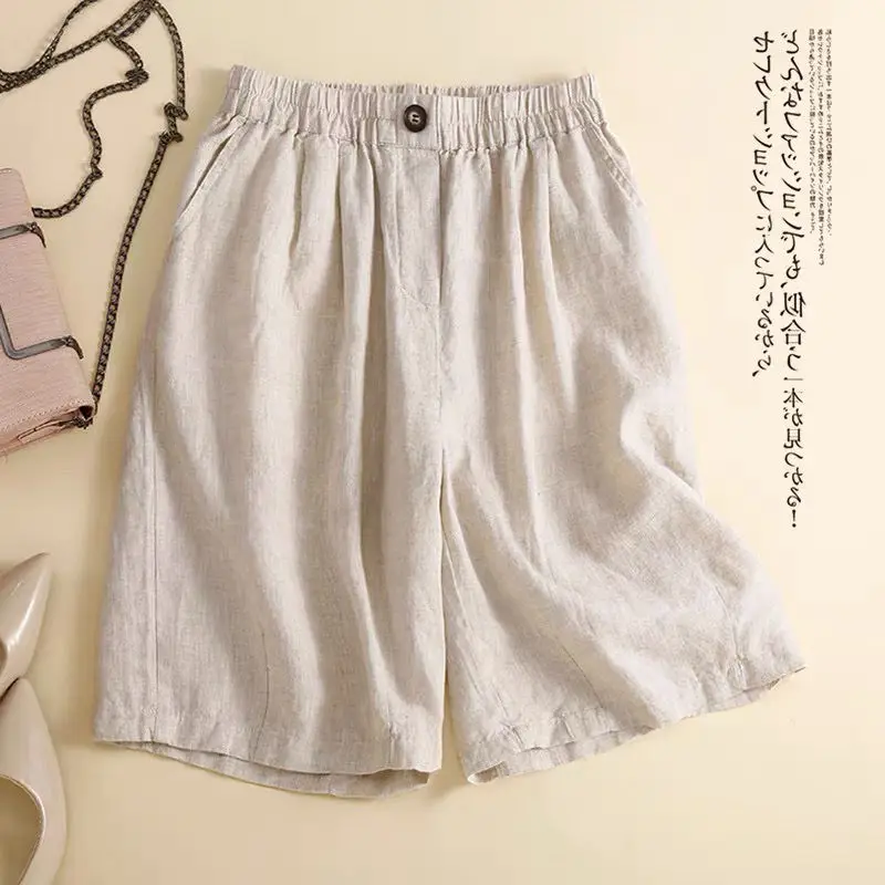 2024 Summer Women Vintage Simple Casual Cotton Linen Straight Short Pants Female Solid High Waist Pocket Loose Beach Shorts Ropa