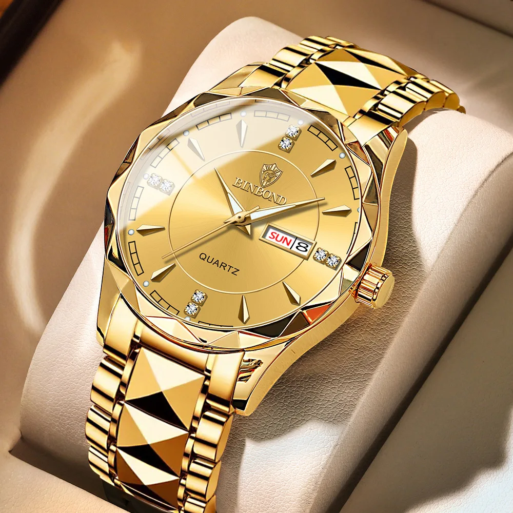 

Golden Men Watch Stainless Steel Top Quailty Luxury Push Button Hidden Clasp Waterproof Luminous Date Week Sport Wrist Watches