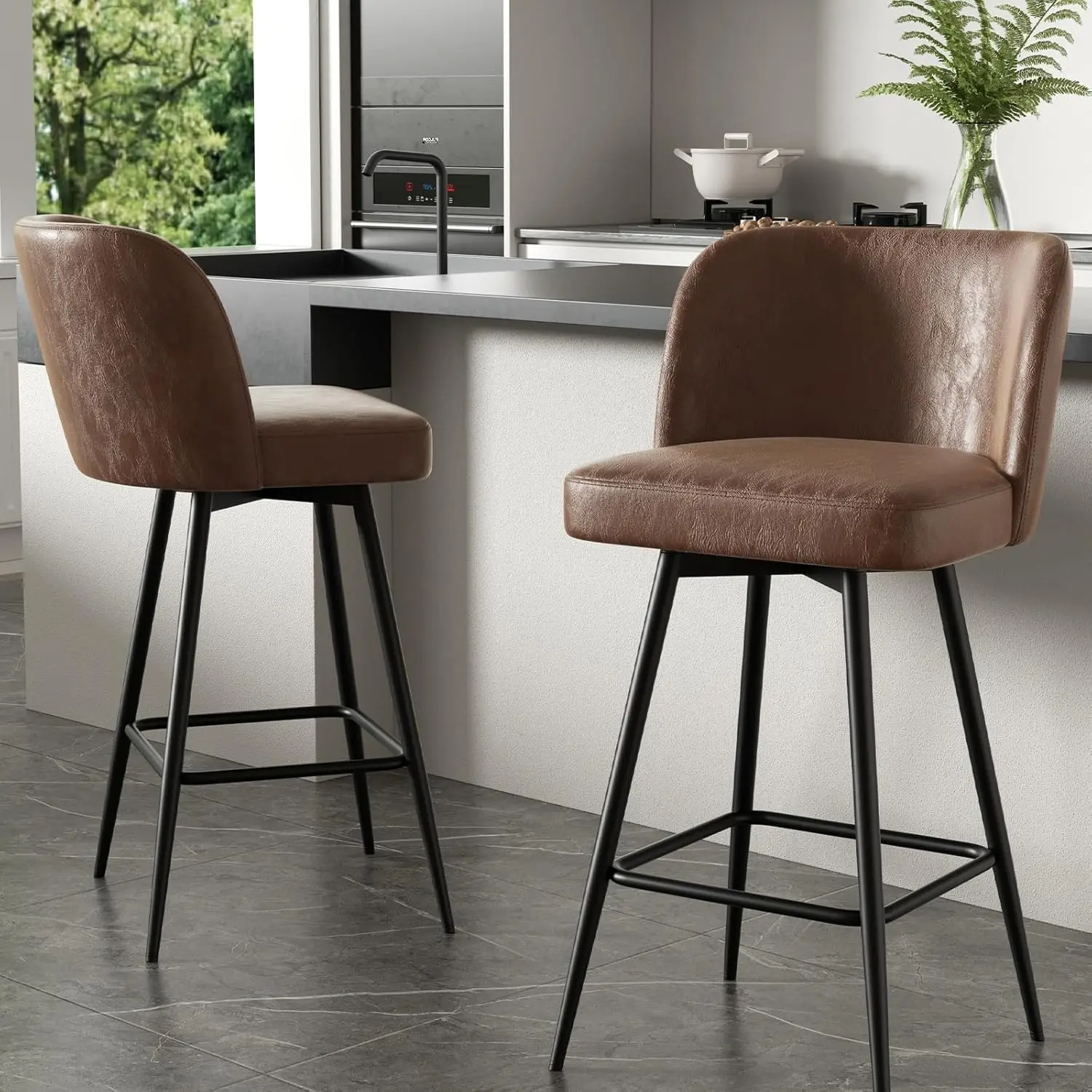 

Barstools Set Of 2, 360°Swivel 27 H Modern Pu Island Chairs For Dining Room, Kitchen, Bar (Deep Brown)