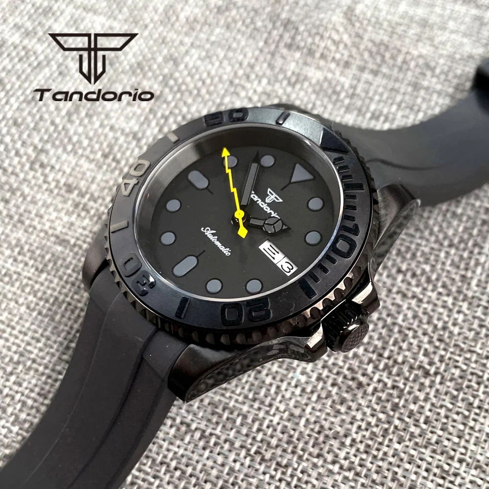 Tandorio NH36A Black PVD 40mm Automatic Men\'s Watch Week Date Display Rotating Bezel Sapphire Glass Yellow Flash Second Rubber