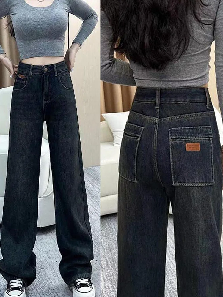 

Узкие широкие джинсы с высокой талией на подкладке, повседневные универсальные свободные утягивающие женские джинсовые брюки небольшого размера, осень-зима, Ne...