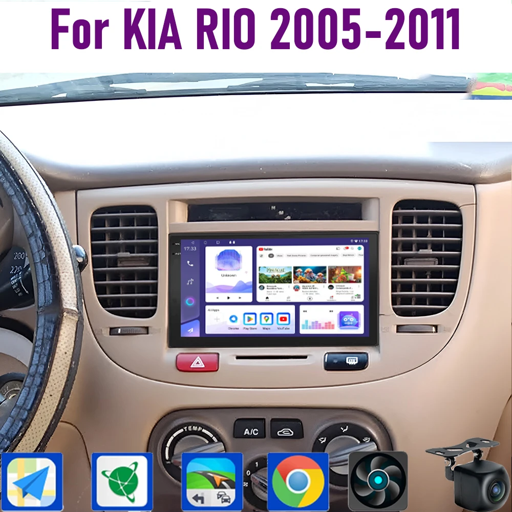 

GPS 9" For KIA RI0 2005-2011 Wireless CarPlay Android 15 Car Radio WIFI Multimedia Player Head Unit Google Map Camera 4GB+64GB