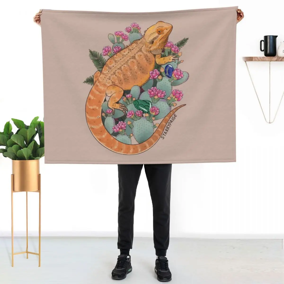 Bearded Dragon with Blooming Opuntia Cactus and Boston Ferns with Crystals Throw Blanket Multi-Purpose Single Plush Blankets