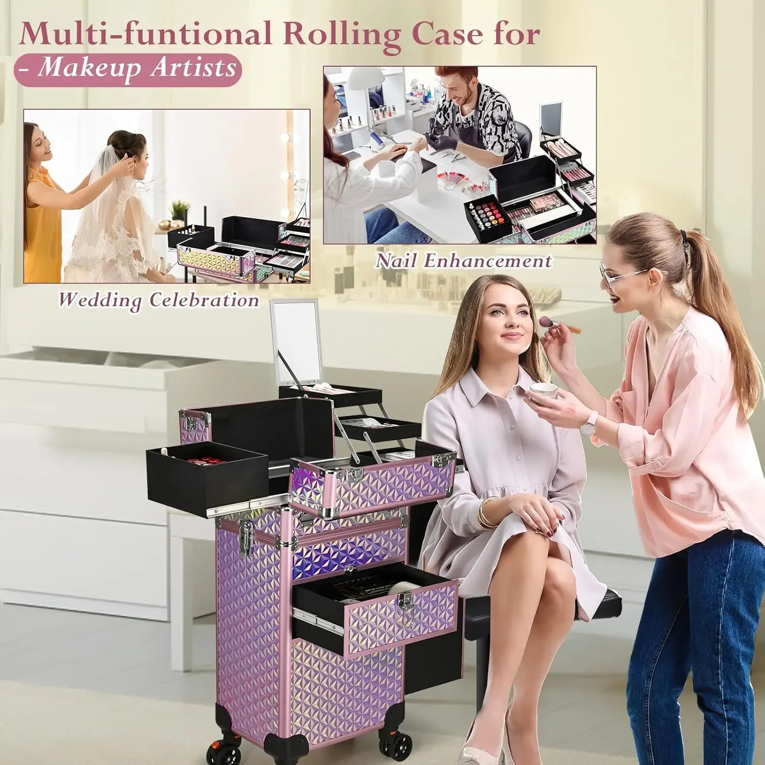 Rolling Makeup Case with Wheels&Drawers Large Professional Cosmetology Trolley Case Lockable Travel Cosmetic Storage Train Cases