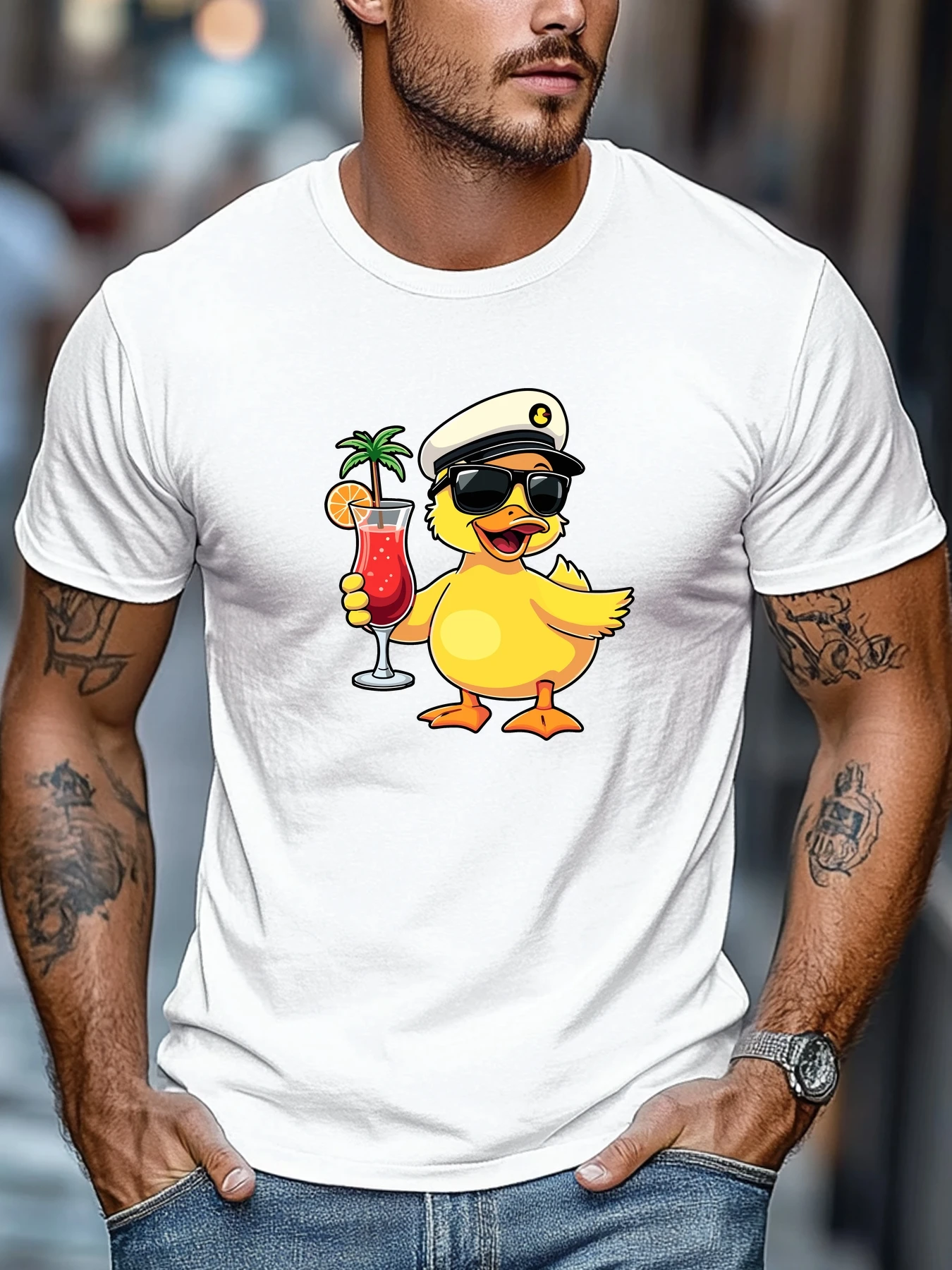 Men's Summer Casual Round Neck Short-Sleeve T-Shirt with a Duck Wearing a Hat and Holding a Cocktail Pattern