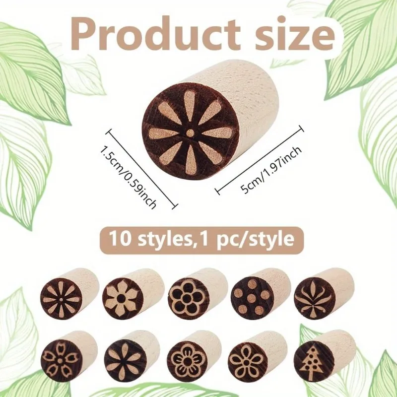 10pcs Round Wooden Carved Stamps Clay Modeling Pattern Kit Pottery Tools Stamp Natural Wood Block Stampers for Ceramic Crafts